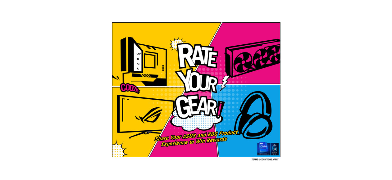 rate your gear campaign banner in comic style including motherboard, graphics card, monitor, router and headset with Intel badge on the bottom
