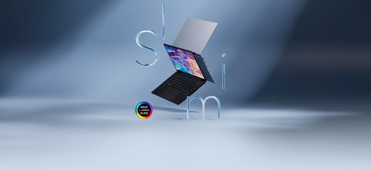 A black ASUS Vivobook S 14 and a blue S 16 OLED floating in front of a blue background with the word "S" "L" "I" "M" around