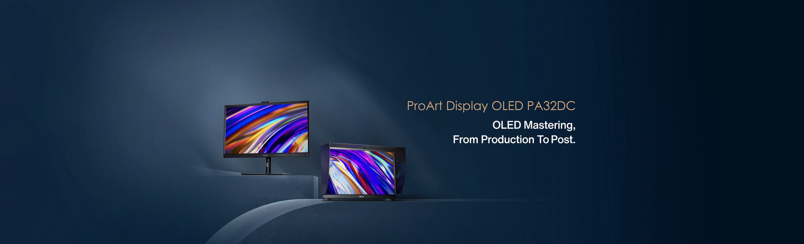 ProArt Display OLED PA32DC product photos with two different stands for onset or studio usage