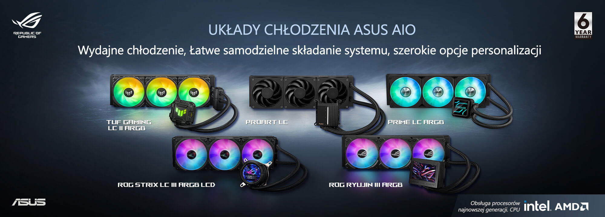 Baner przedstawiający układy chłodzenia ASUS AiO z serii Cross, prezentujący w widoku z przodu układy chłodzenia ASUS AiO z różnych serii.