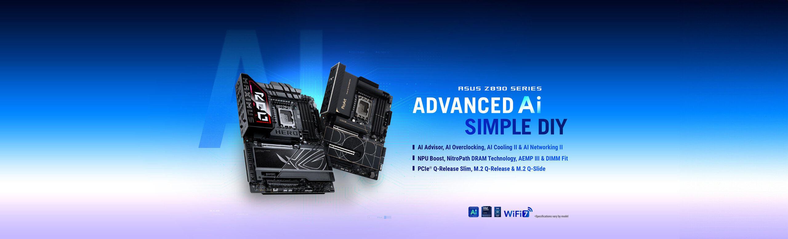 New Intel Z890 Series Motherboards showcasing ROG Maximus Z890 Hero and ProArt Z890 Creator WiFi with the focus on innovative AI solutions.