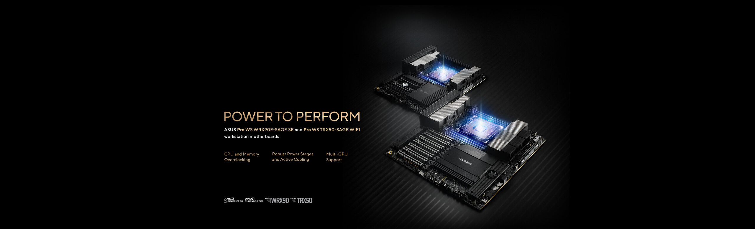 Two TR5 motherboards, laid flat on a surface, with their CPU sockets and memory DIMMs emitting a blue light