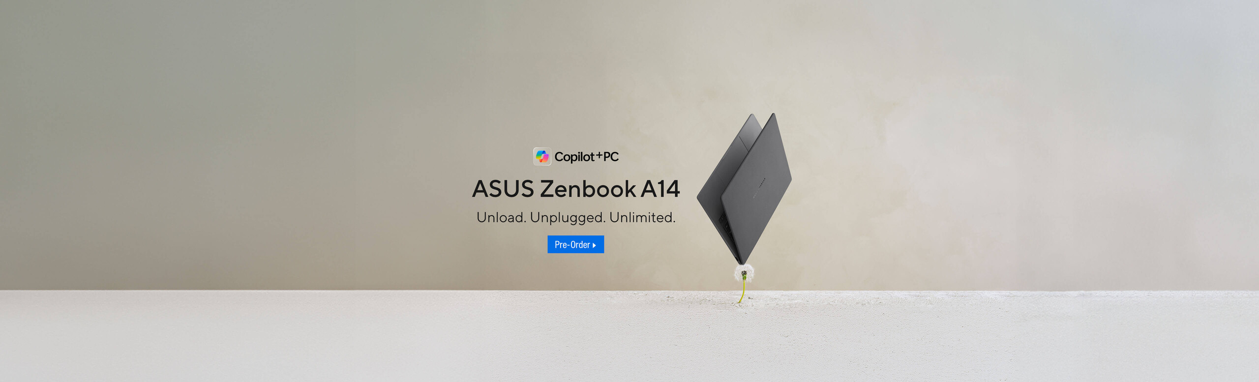 A dandelion lifting the ASUS Zenbook A14, Copilot+ PC, Pre-Order today!