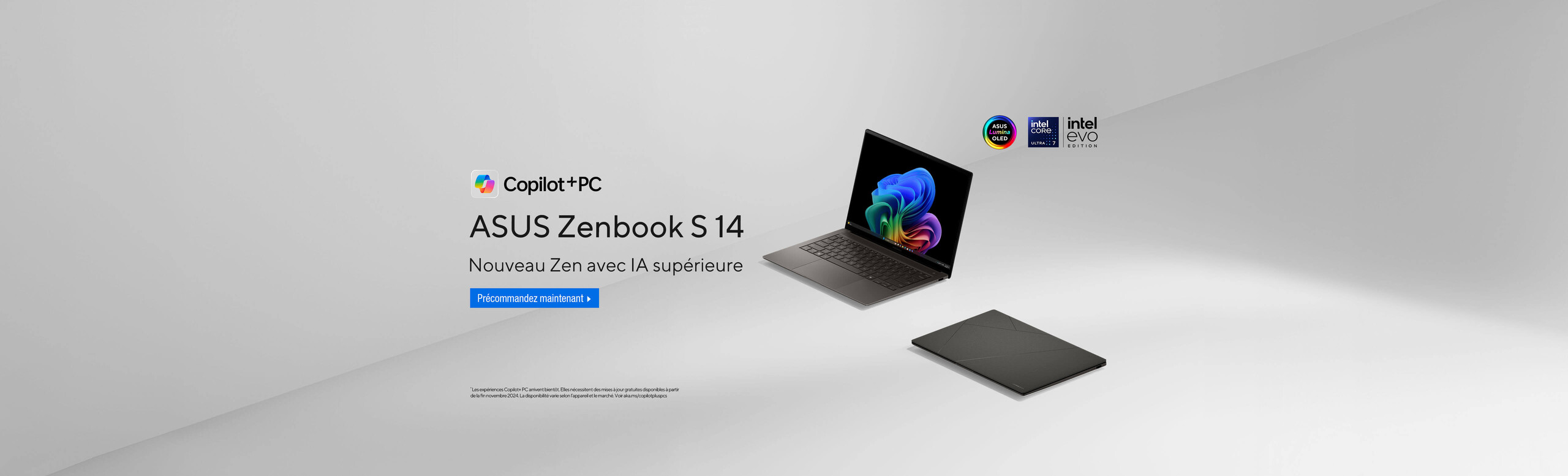 Image of 2 Zenbook S 14 Laptops with Logo of CoPilot+PC ASUS Lumina OLED, intel Core, intel evo edition