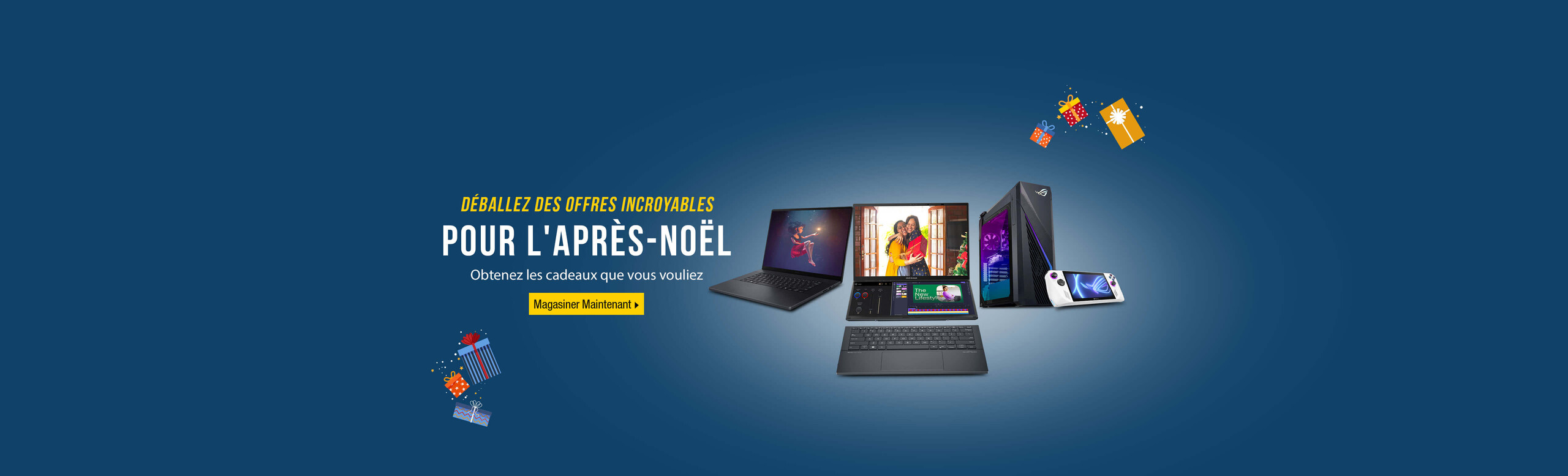 Image of 2  laptops, keyboard, desktop and Ally.  Unbox Incredible Tech Deals.  This Boxing Day.  Get the gifts you actually wanted.  Shop Now