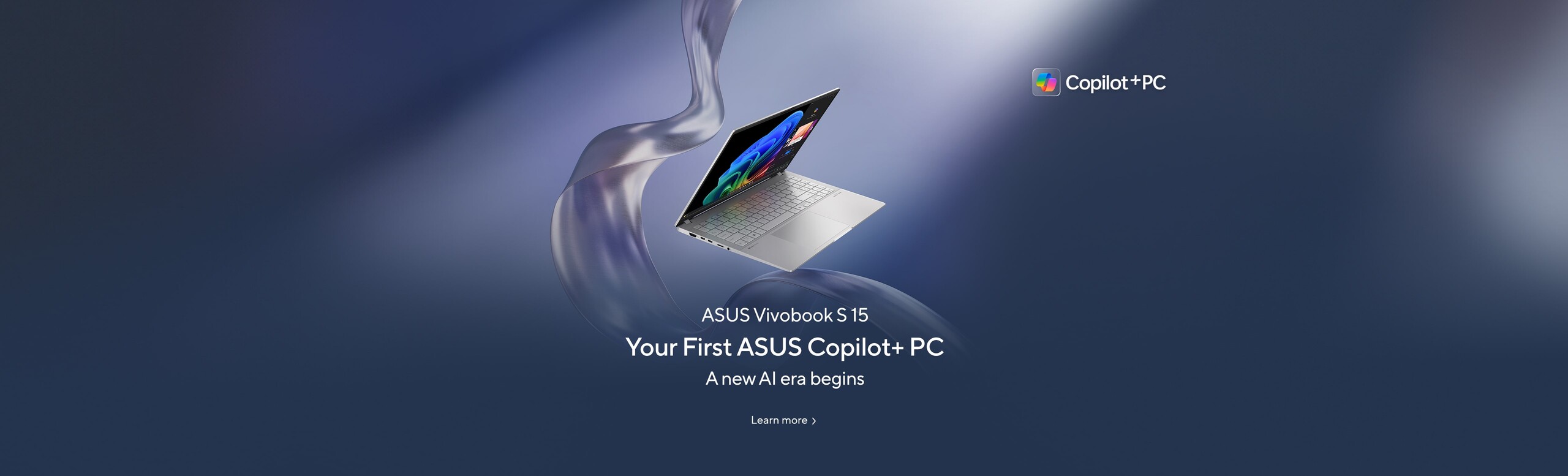 The banner shows ASUS Vivobook S 15 flying at the center of the image with ribbon and metal like purple lines flow behind it.