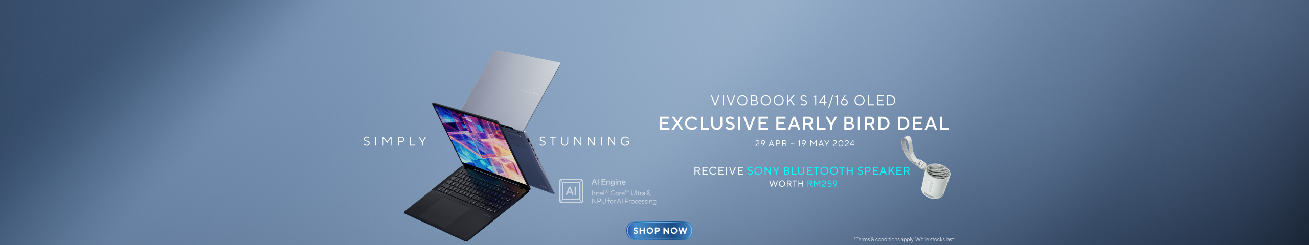 ASUS Vivobook S 14/16 OLED Early Bird Deal, free sony bluetooth speaker worth RM259 with selected asus vivobook S 14 / 16 oled laptop models purchase