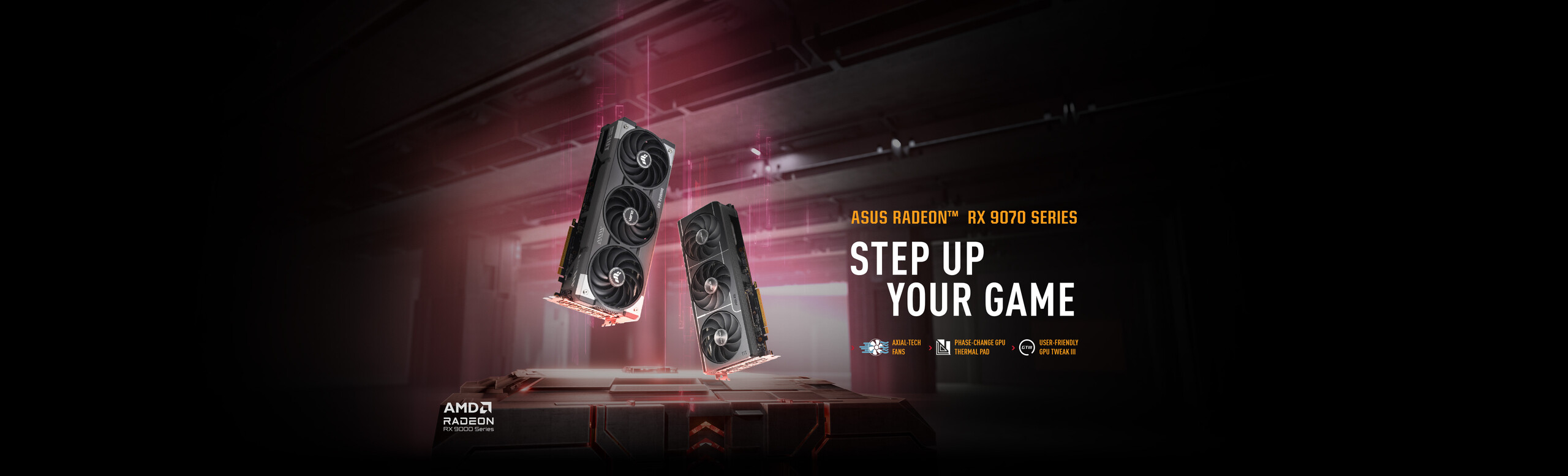 TUF Gaming and Prime Radeon RX 9070 XT graphics card fly upward