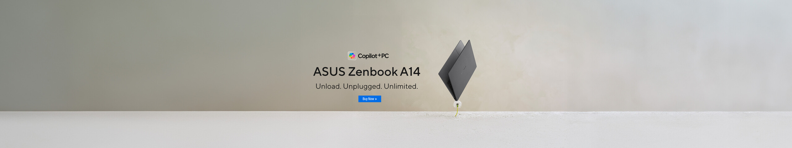 A dandelion flower lifting an ASUS Zenbook A14 laptop, Copilot+ PC