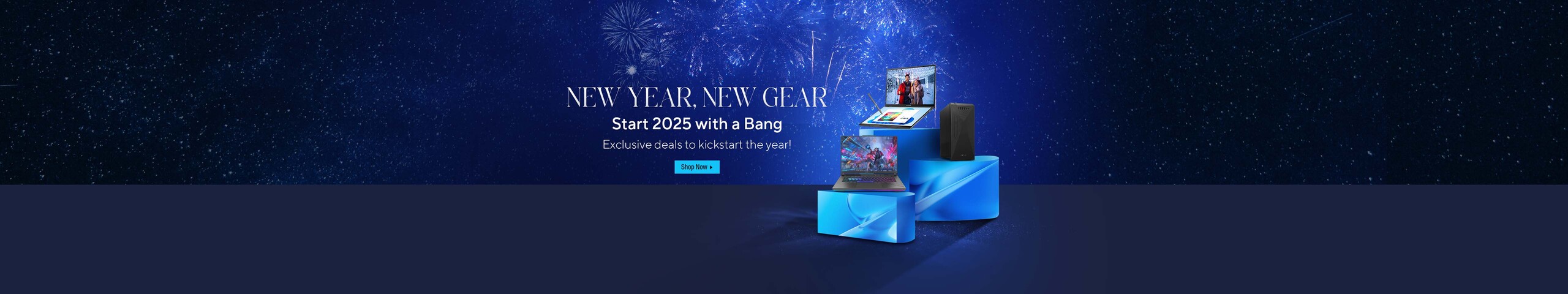 The image shows a festive news years fireworks background with 3 ASUS products