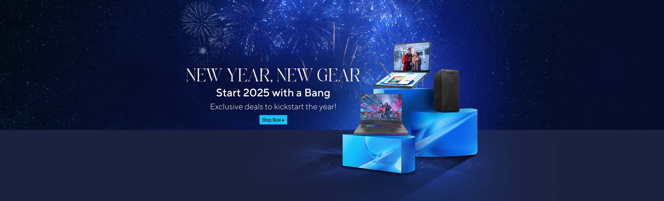 Image of 3 ASUS products. New Year, New Gear Start 2025 with a Bang.  Exclusive deals to kickstart the year! Shop Now