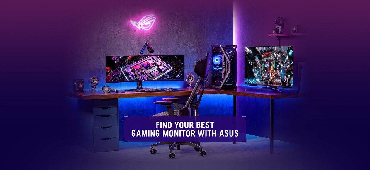 Image of a desk and a gaming chair, monitors, a desktop and some accessories.  Find Your Best Gaming Monitor with ASUS