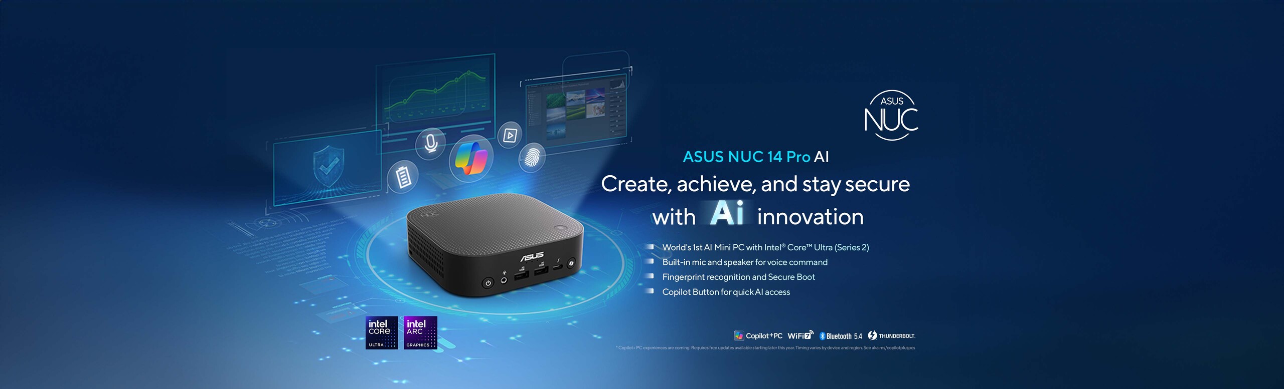 An ASUS NUC 14 Pro AI Mini PC with icons around it showcasing key features: Copilot+ PC, Wi-Fi 7, Voice Command, and Power Saving. Each icon highlights these unique product capabilities, creating a visually informative display of its strengths.