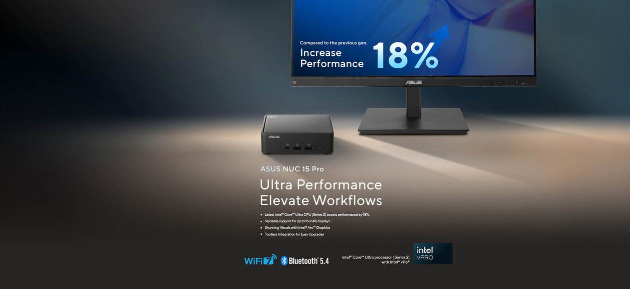 A NUC 15 Pro is positioned next to the monitor, showcasing an 18% performance boost on the display.