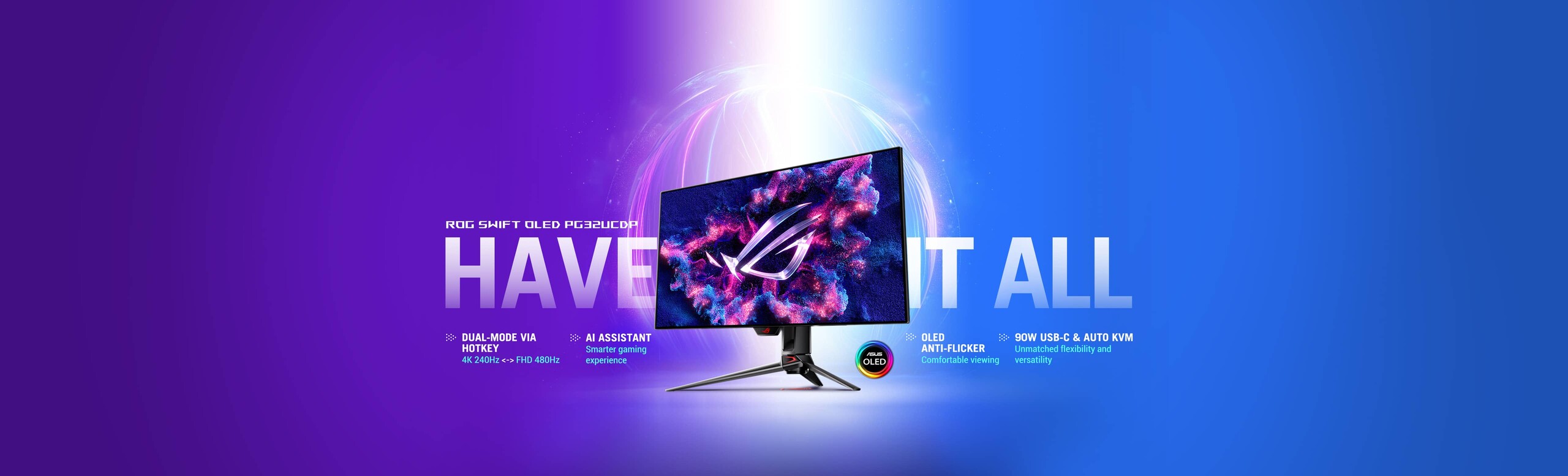 The ROG Swift OLED PG32UCDP monitor with the OLED logo displayed in front of a purple and blue background.