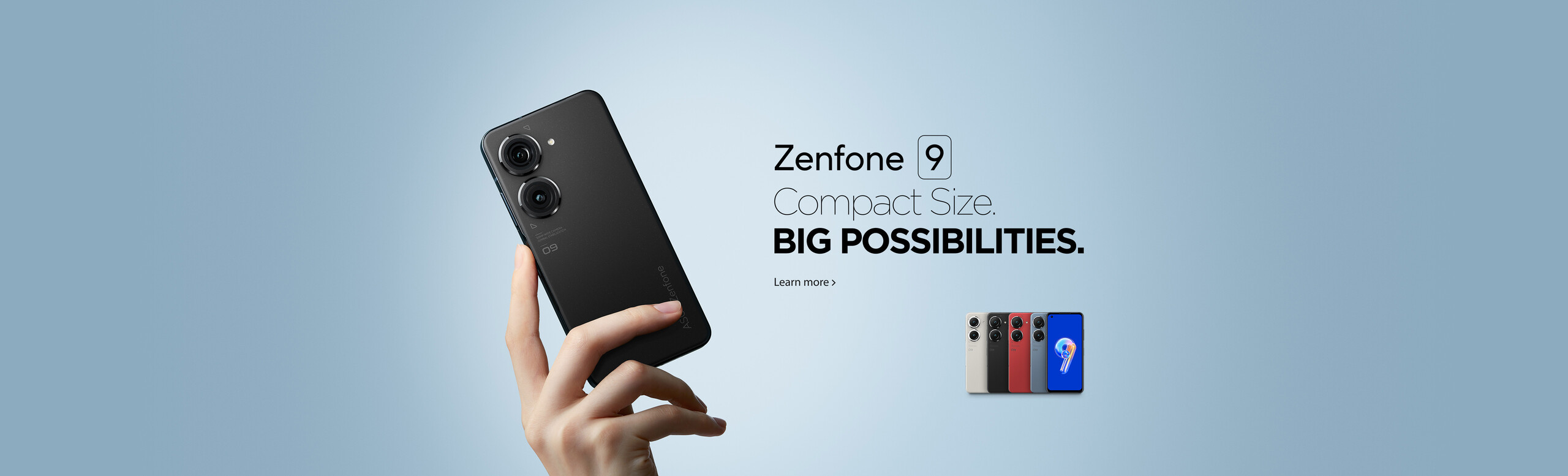 The right hand holding the Zenfone 9 displays its back cover in Midnight Black and there are five Zenfone 9 on the right down side showing 4 colors and the phone's front side.