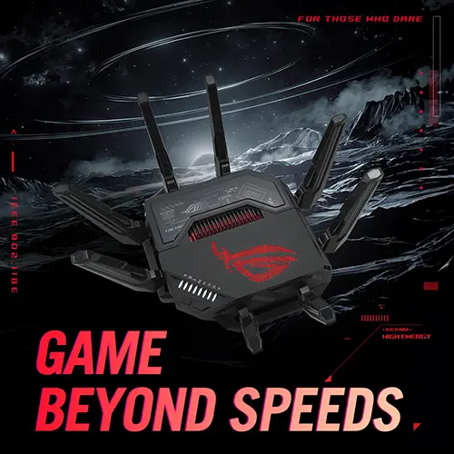 ROG Router in dark background with tagline Game Beyond Speeds