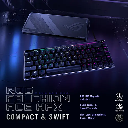 ROG Keyboard in dark background with tagline ROG Falchion Ace HFX compact and swift