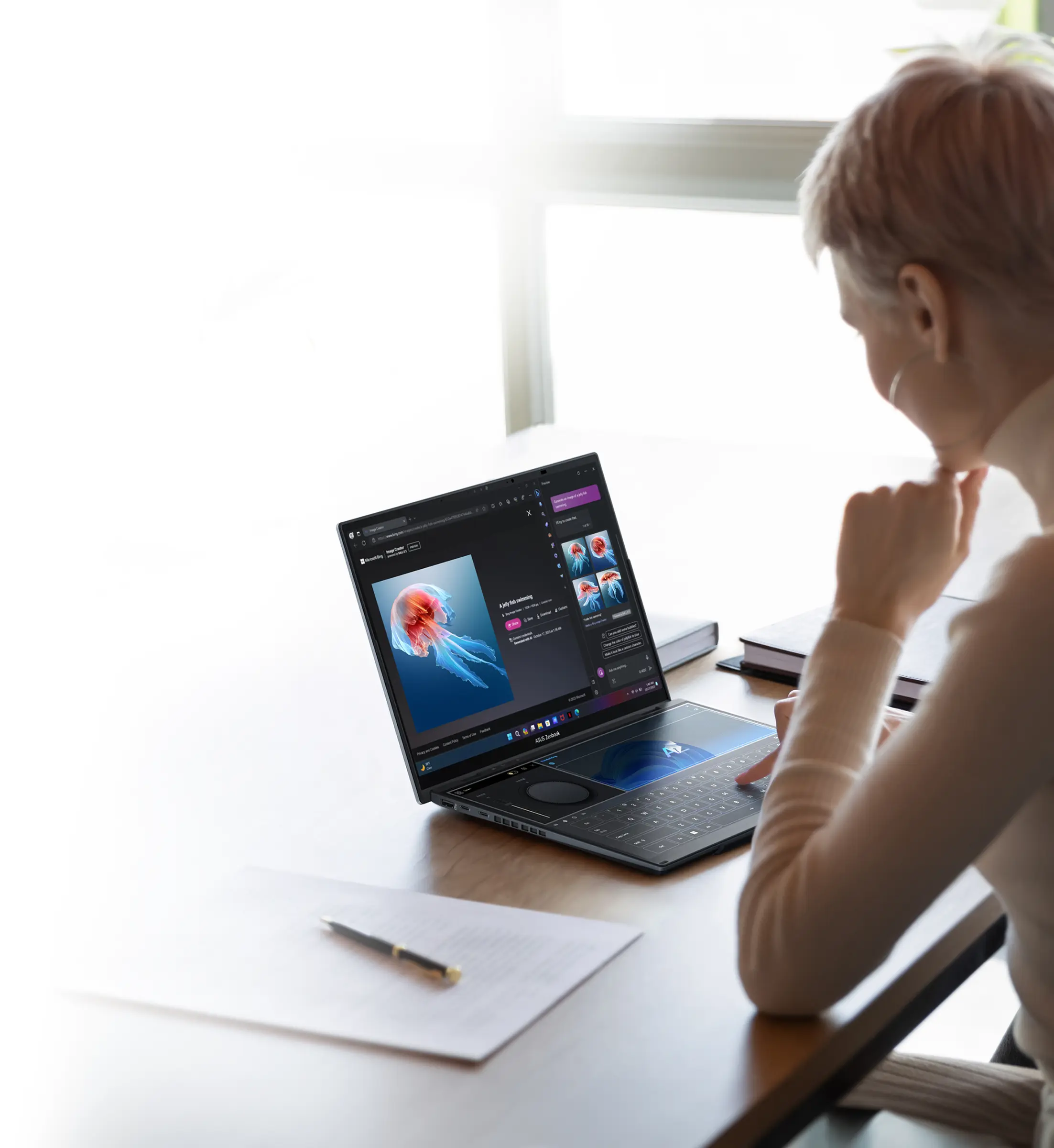 A woman is sitting next to a table and working on Zenbook DUO laptop.