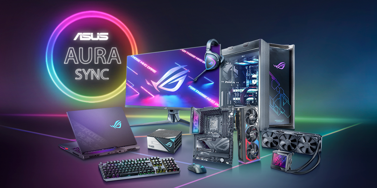 Satu set produk ROG yang mendukung Aura Sync meliputi motherboard, kartu grafis, perangkat periferal, dan sasis desktop.