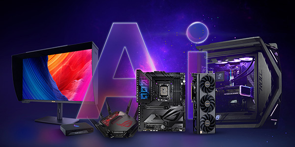 A set of ASUS products  including a motherboard, graphics card, WiFi router, NUC, display