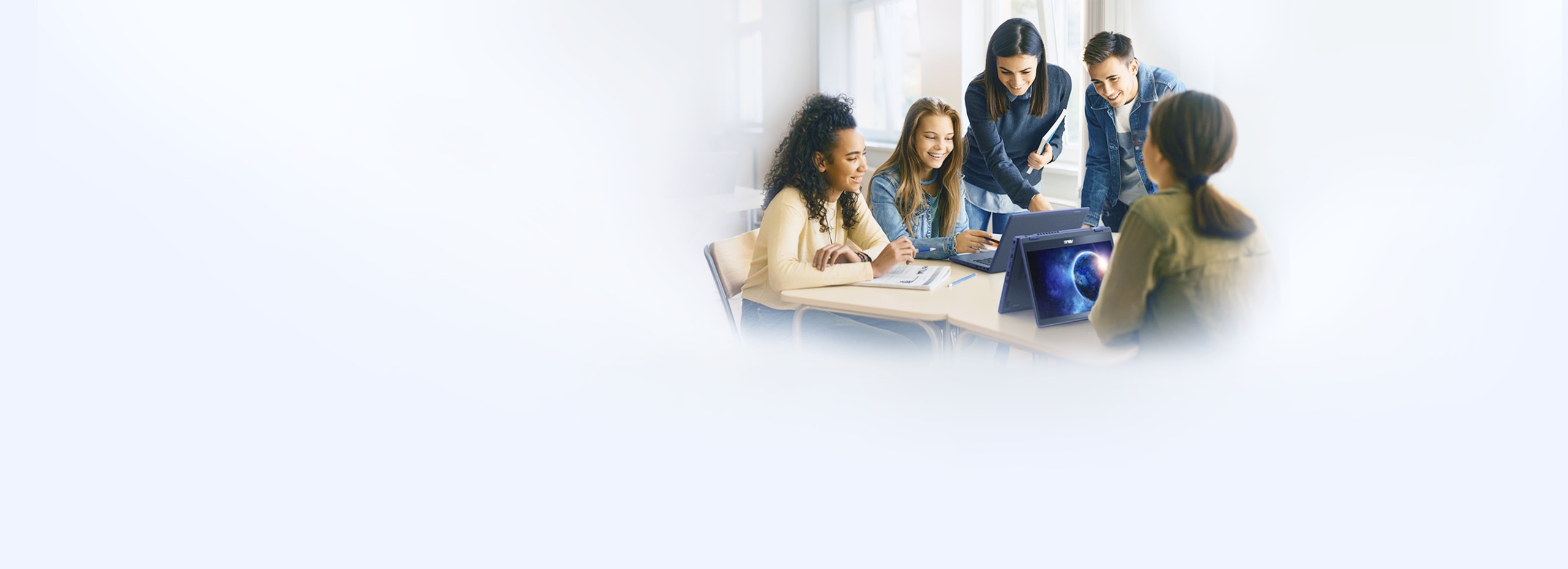 Several students at school, discussing & talking casually with an ASUS Laptop.