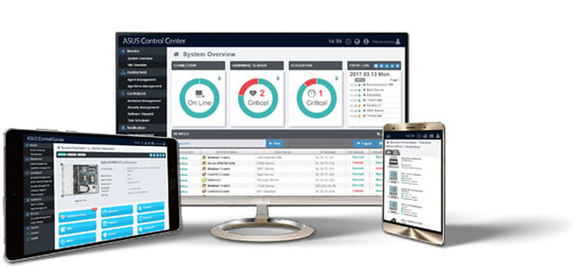 A tablet, a monitor, and a smartphone, all displaying the ASUS Control Center interface.