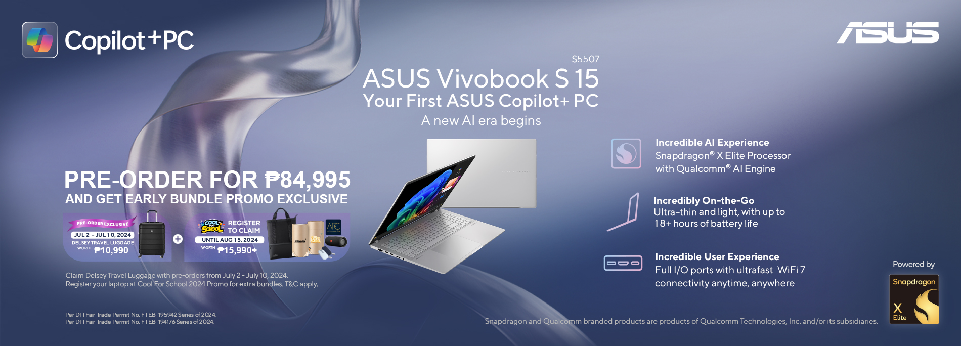 [ PRE-ORDER ] AI PC | ASUS Vivobook S 15 (S5507) Powered by Snapdragon X Elite