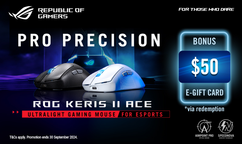 Purchase an eligible ROG Keris II Ace gaming mouse and register to receive an E-Gift Card of $50