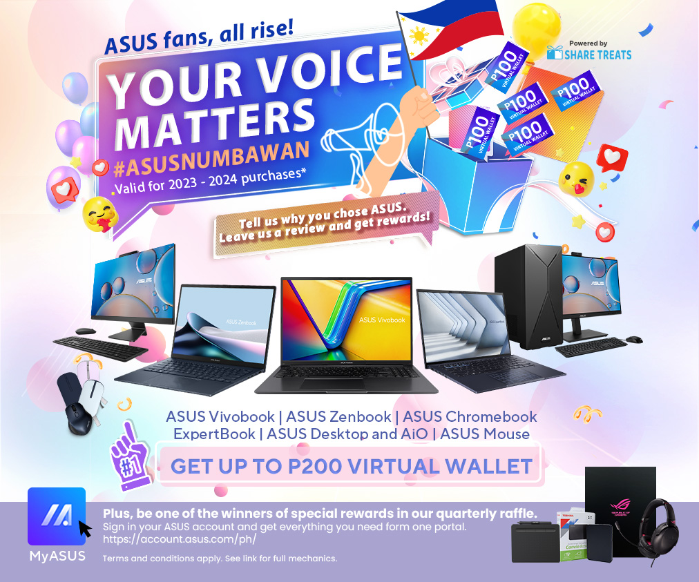 Review your ASUS Zenbook, Vivobook, Chromebook or ExpertBook laptop, ASUS desktop or mouse online and get rewarded! 