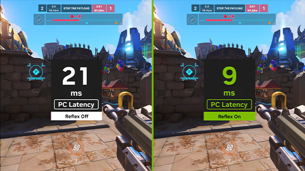 Overwatch game in screen PC latency comparison without NVIDIA Reflex on the left , with Reflex on the right