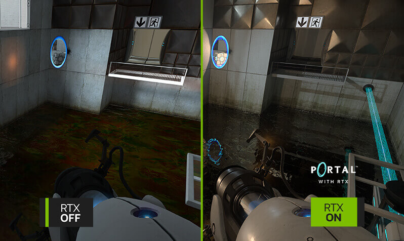 PORTAL game in screen comparison with RTX OFF on the left , with RTX ON on the right