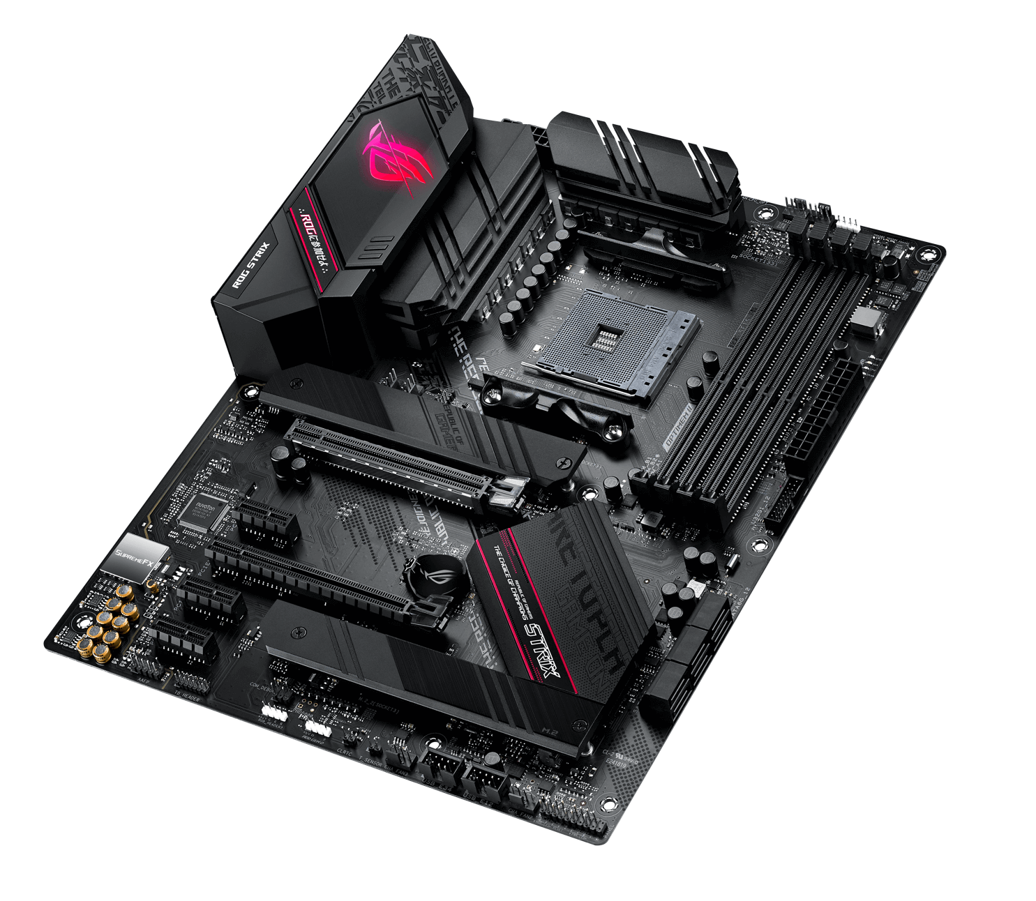 The ROG Strix B550-E Gaming showing the processors and expansion card setups 