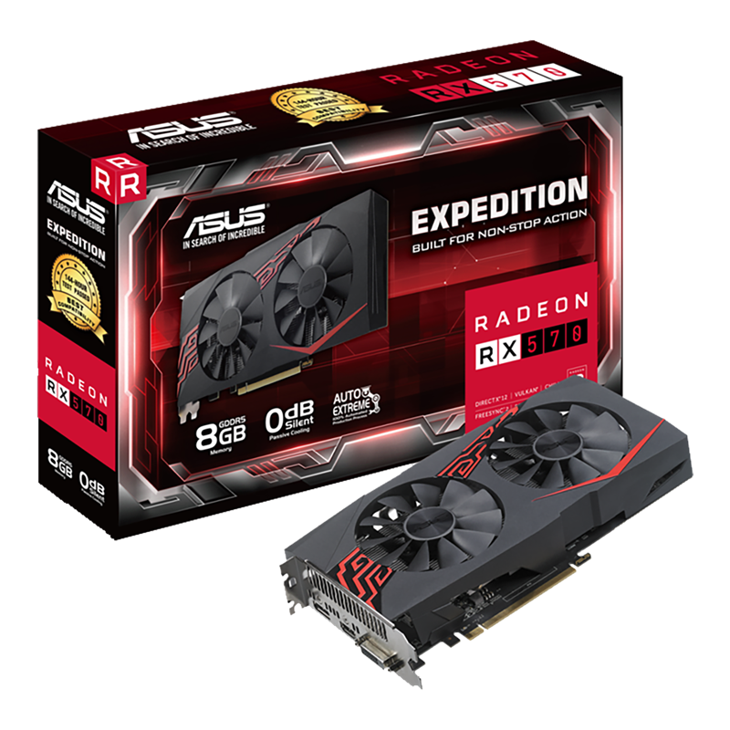 ASUS Expedition Radeon RX 570 packaging and graphics card with AMD logo