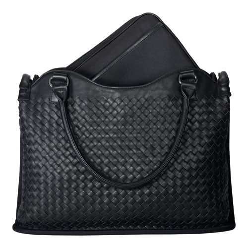 black leather woven bag