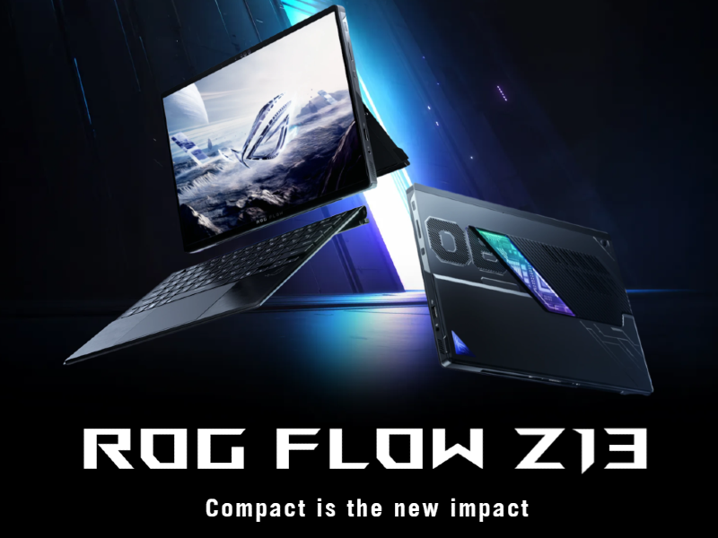 Two ROG Flow Z13 laptops hovering in front of a futuristic background. The text reads: Compact is the new impact