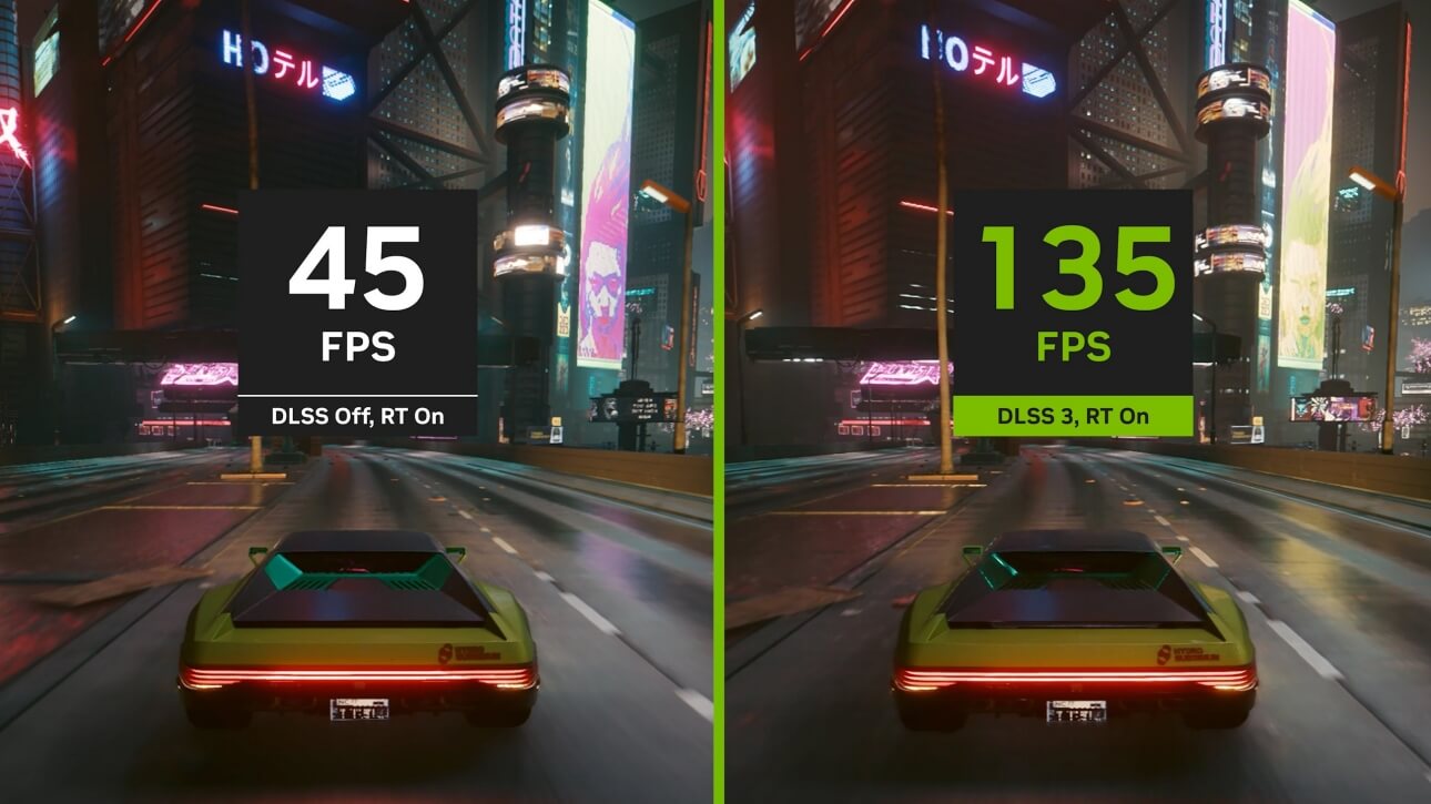 Vergelijking Cyberpunk game gebruikersinterface met RTX uit en RTX aan