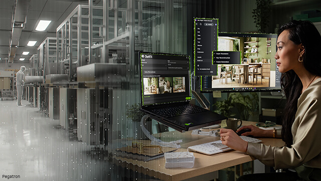 NVIDIA RTX AI PC visual with a person sitting in front of a desk with laptop and monitor