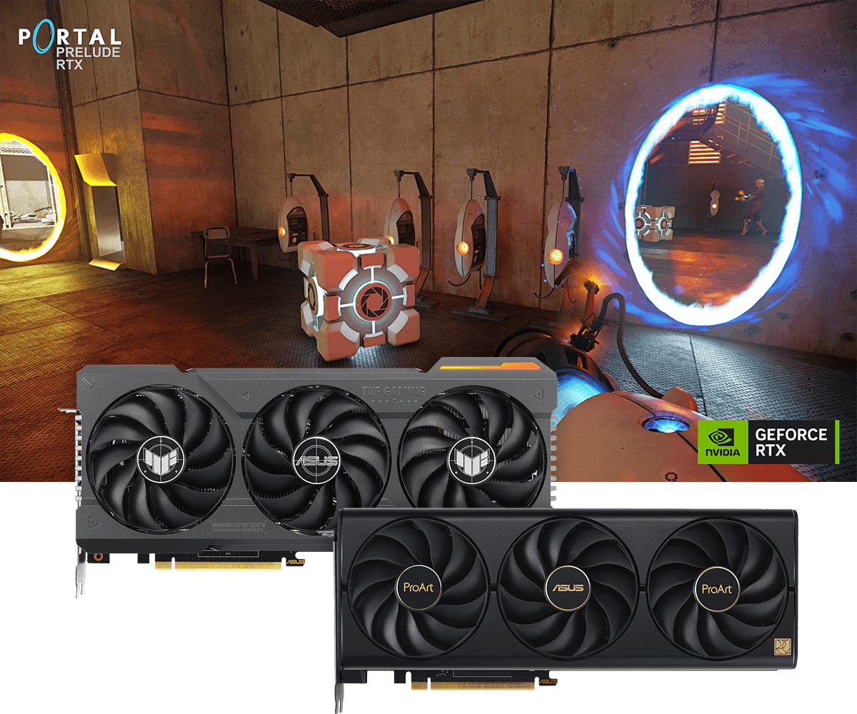 TUF Gaming en ProArt VGA-kaart met NVIDIA Portal met RTX gebruikersinterface op de achtergrond