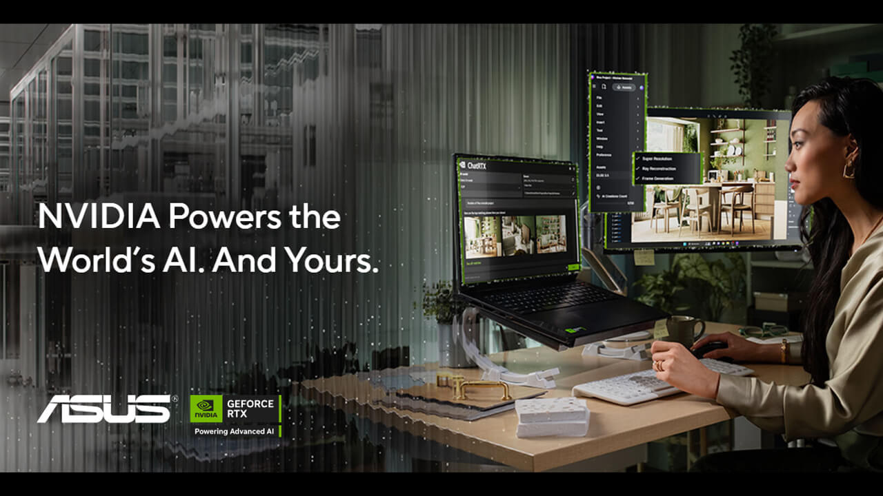 NVIDIA RTX AI PC visual with a person sitting in front of a desk with laptop and monitor