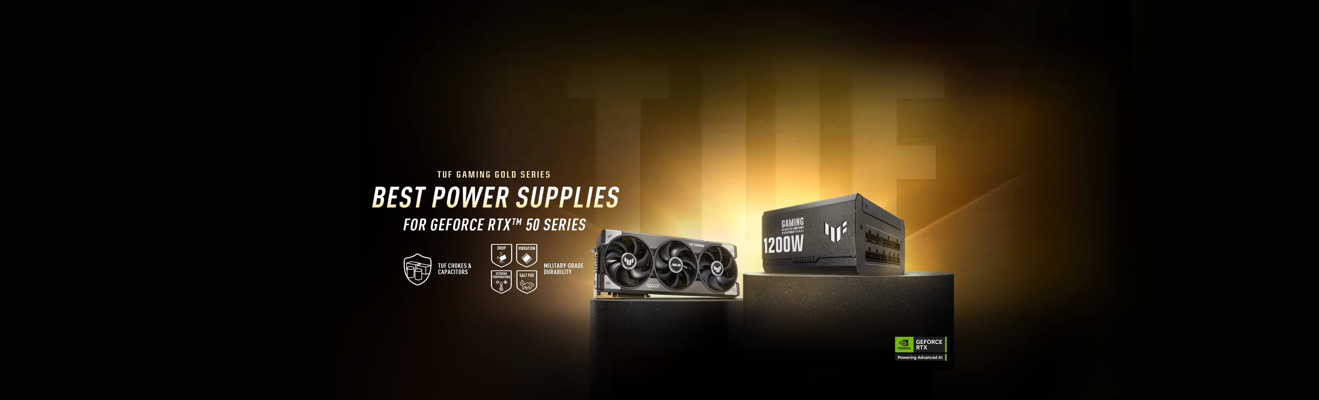 Groepsfoto TUF Gaming videokaart en TUF Gaming Gold PSU getoond op podia