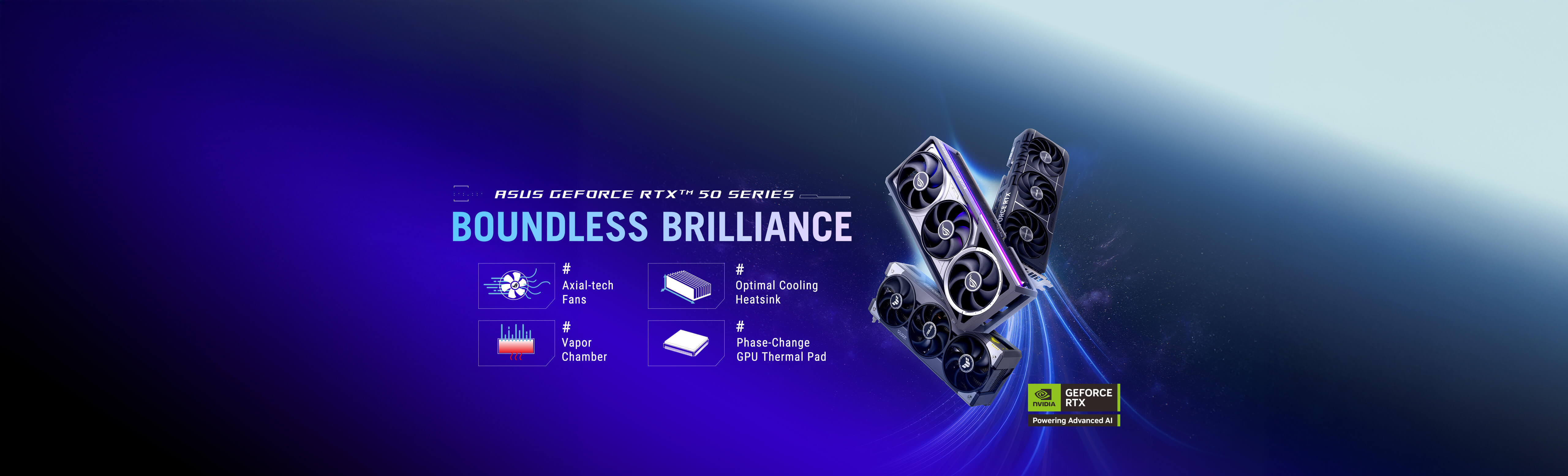 ROG Astral, TUF Gaming, Prime GeForce RTX 50 graphics card fly upward