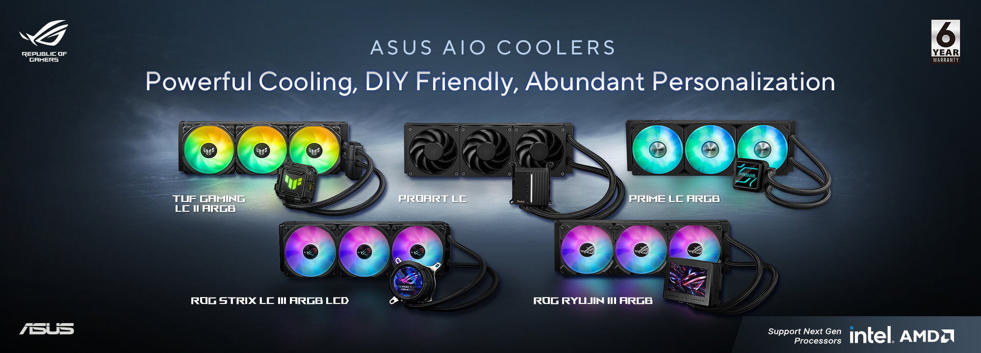 ASUS AIO Cooler Cross-serie banner toont het vooraanzicht van ASUS AIO Coolers uit verschillende series.