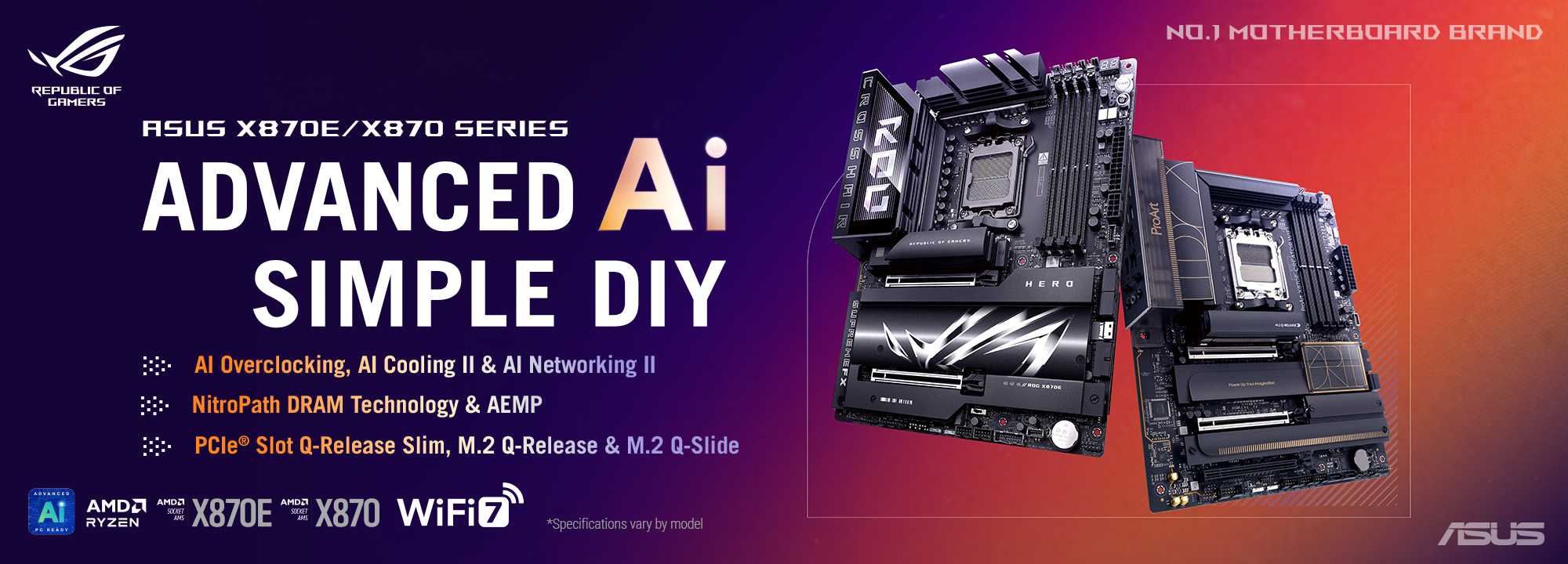 ASUS X870E Series Banner showcasing the beauty of ROG and ProArt X870E motherboards.