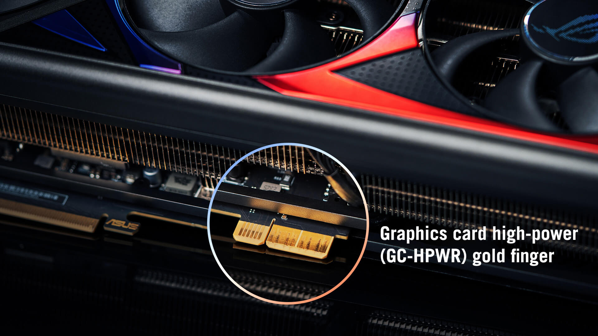 A close shot of the Graphics card high-power (GC-HPWR) gold finger in the ROG Strix GeForce RTX™ 4090 BTF Edition graphics card.