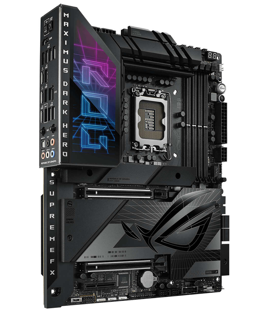 ROG Maximus Z790 Hero 主機板的圖片，展示支援 PCIe 5.0、USB4、WIFI 和 LAN 的連線能力