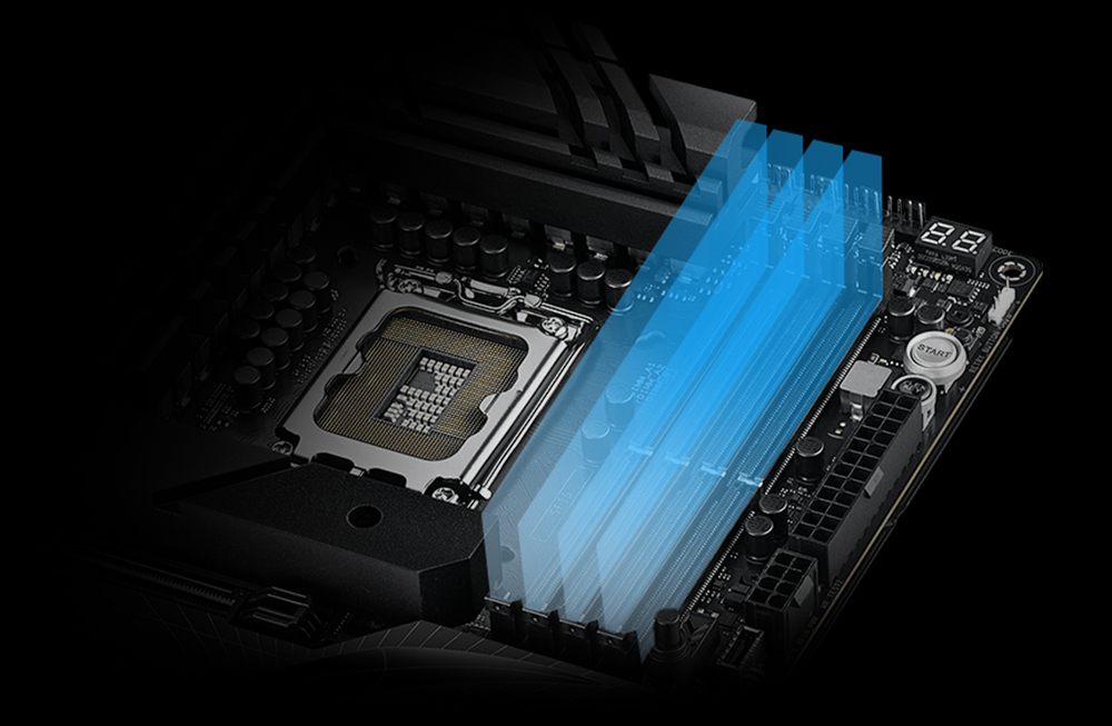 ASUS Enhanced Memory Profile II segítségével végrehajtott DDR5 memóriabővítést szemléltető illusztráció