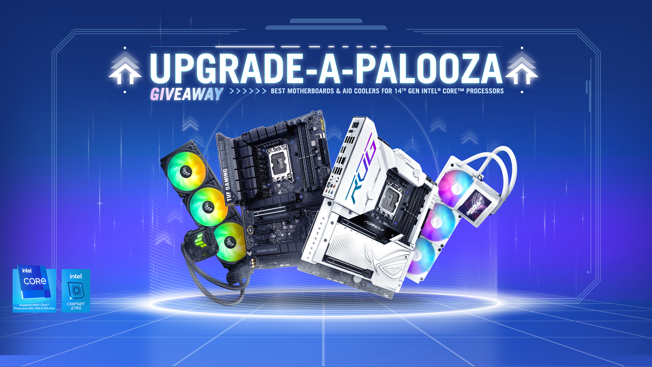 Upgrade a Palooza Giveaway Banner to showcase a diverse range of prizes, including Intel® Core™ i9 processor 14900K, ROG MAXIMUS Z790 FORMULA , ROG Strix 1000W Gold Aura Edition, TUF GAMING GeForce RTX™ 4060 Ti 8GB GDDR6 OC Edition, ROG Strix Scope II 96 Wireless, ROG Harpe Ace Aim Lab Edition, ROG Delta S Core, ROG Strix XG259QN