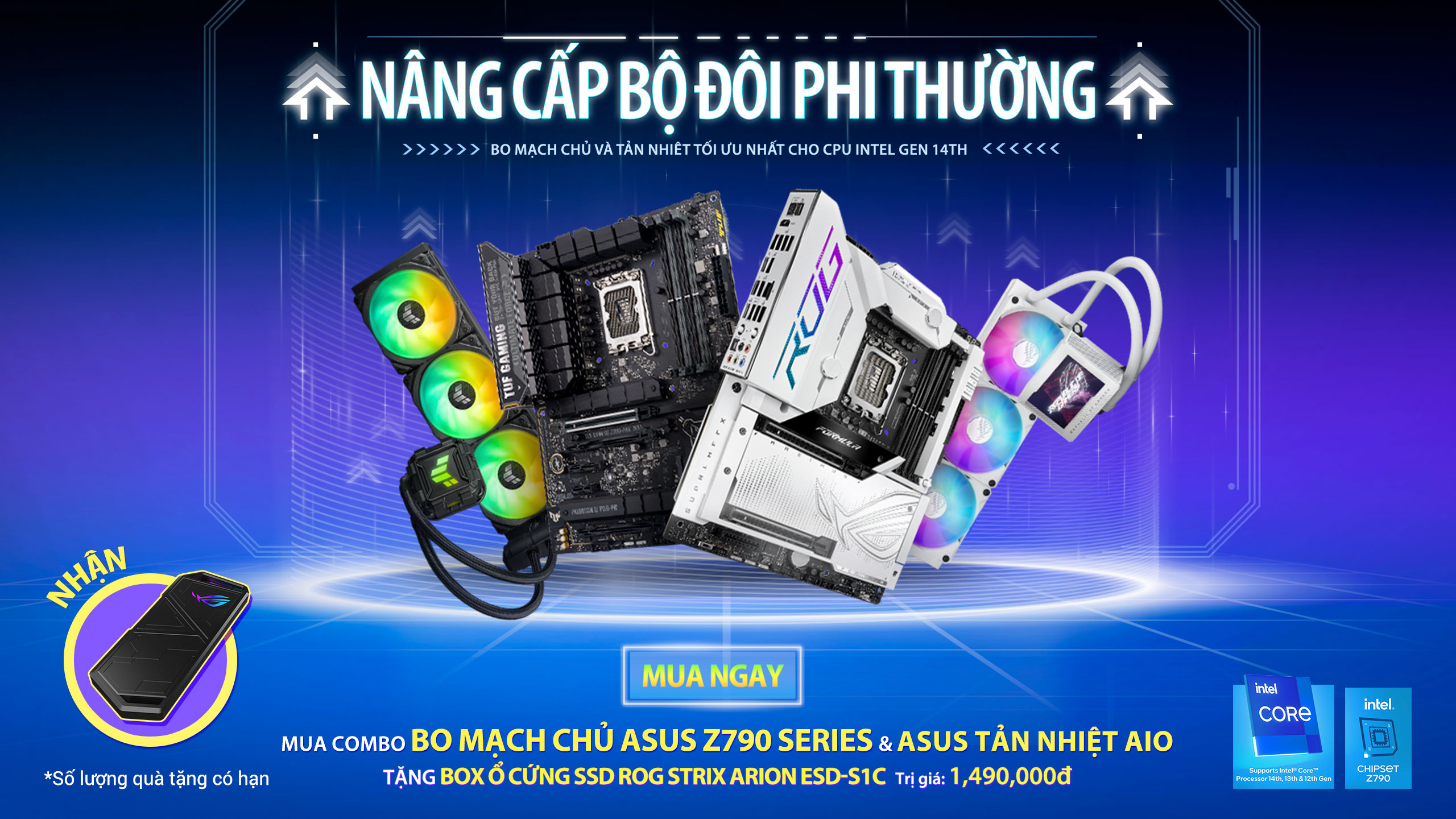 Banner "Upgrade a Palooza" giới thiệu một loạt giải thưởng đa dạng, bao gồm bộ vi xử lý Intel® Core™ i9 14900K, Mainboard ROG MAXIMUS Z790 FORMULA, Nguồn ROG Strix 1000W Gold Aura Edition, Card đồ họa TUF GAMING GeForce RTX™ 4060 Ti 8GB GDDR6 Phiên bản OC, Bàn phím ROG Strix Scope II 96 Không dây, Chuột ROG Harpe Ace Phiên bản Aim Lab, Tai nghe ROG Delta S Core, Màn hình ROG Strix XG259QN.