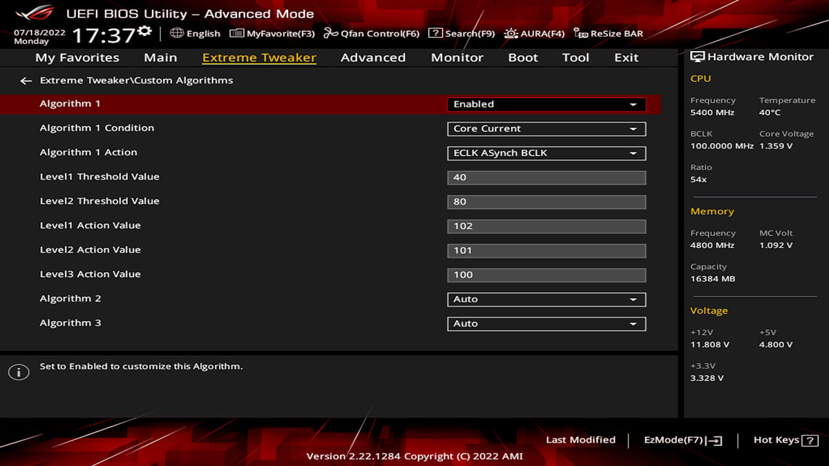 Este ejemplo UEFI muestra un algoritmo personalizado para la configuración BCLK.